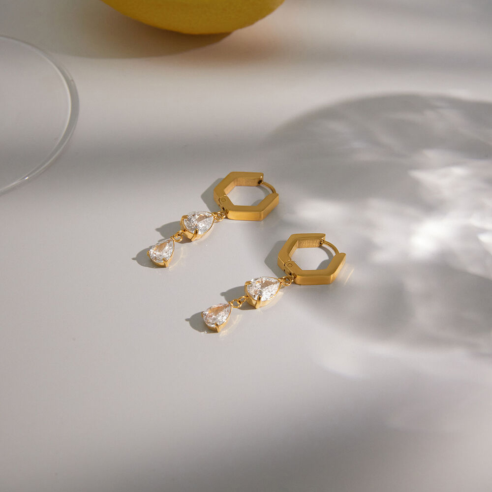 Simple Droplet Stainless Steel Waterproof Gold Color Zircon Women's Drop Earrings Picture5