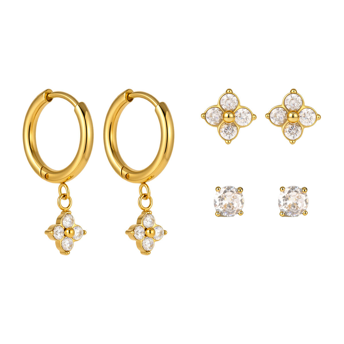 Simple Clover Stainless Steel Waterproof Gold Color Zircon Women's Earring Sets Picture5