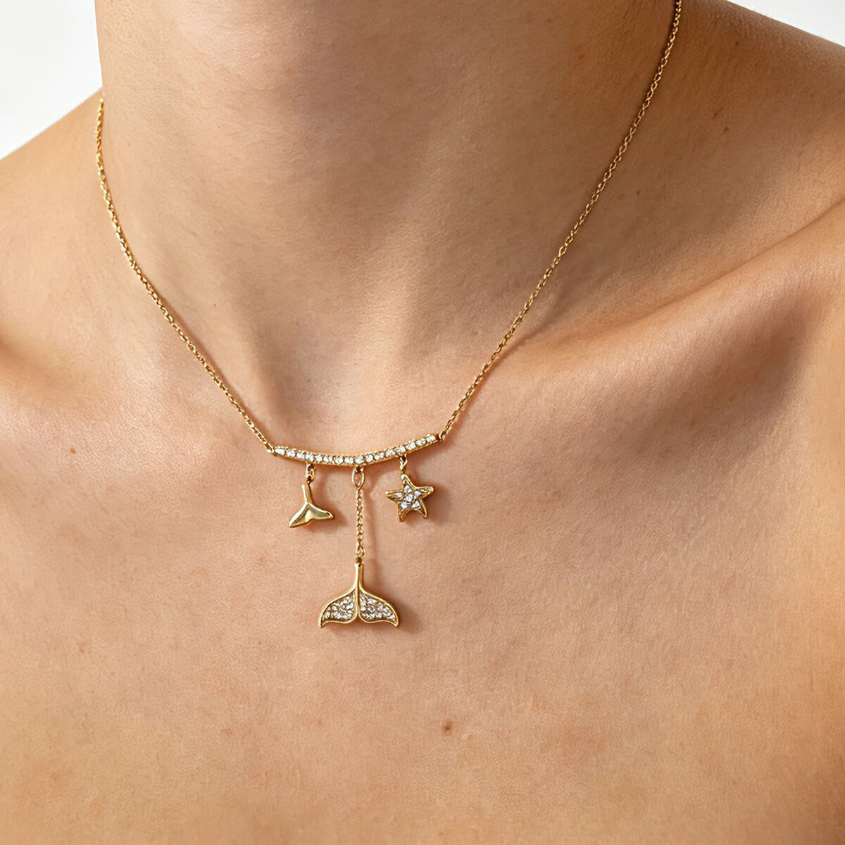 Oceanic Style Stainless Steel Waterproof Gold Color Rhinestone Women's Pendant Necklaces
