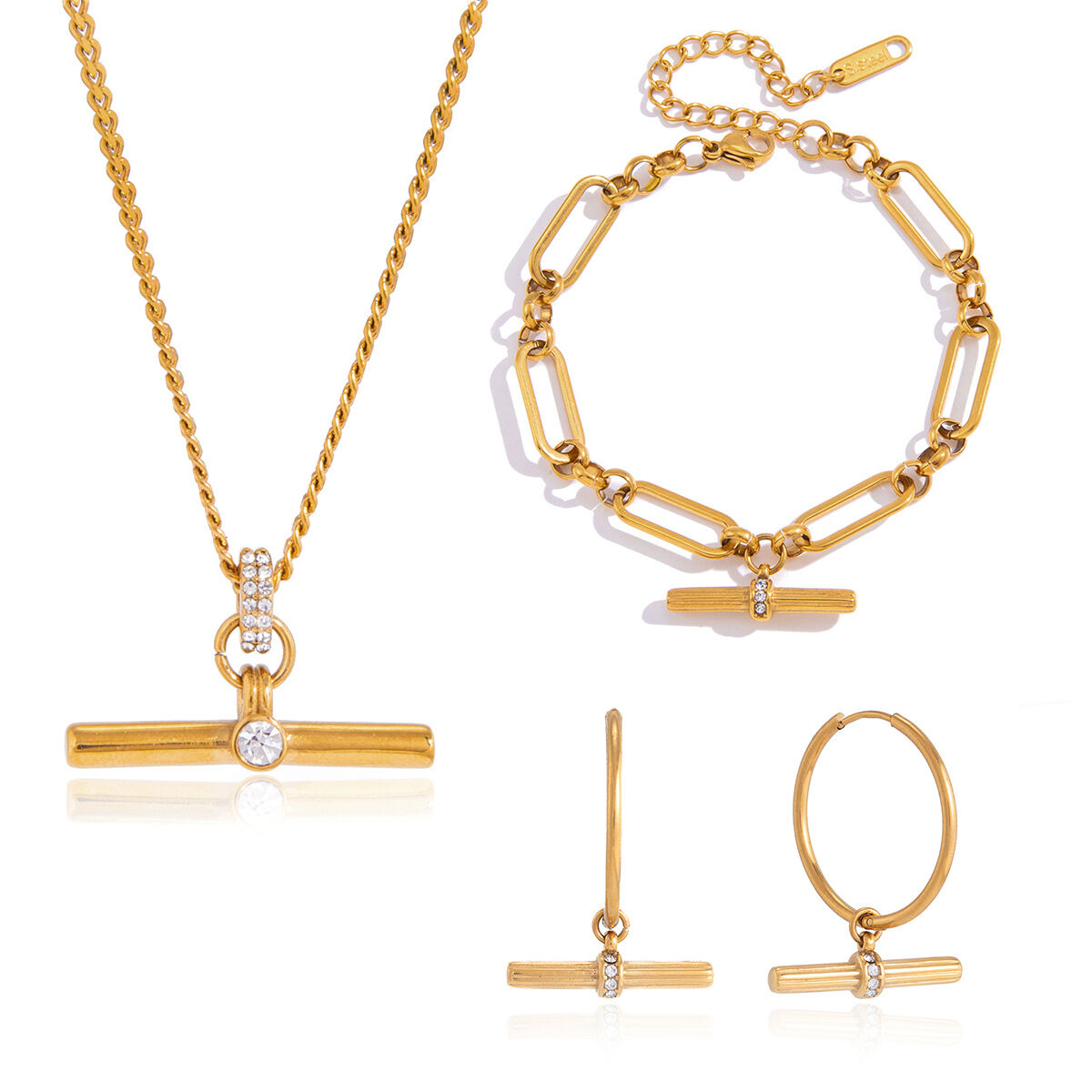 T-förmiges Edelstahl-Halsketten-Set für Damen, wasserdicht, goldfarben, mit Zirkonia h5 Bild5