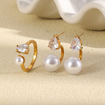 Elegant Droplet Stainless Steel Waterproof Gold Color Zircon Pearl Women's Earring Sets