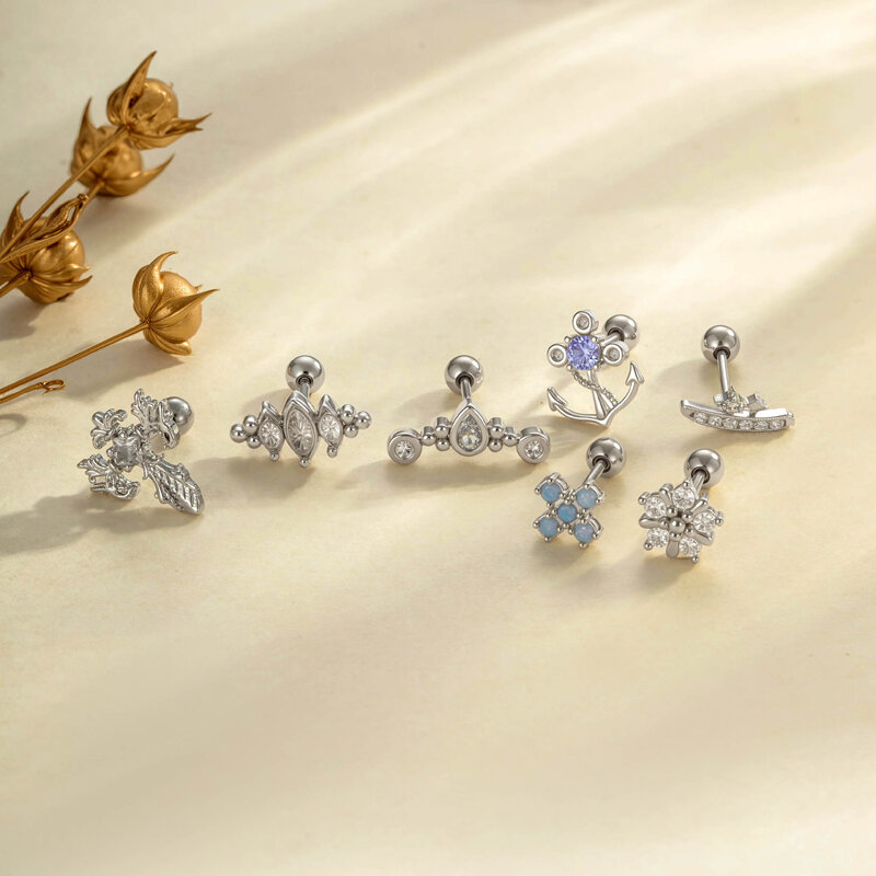 Simple Series Flower Cross Copper Gold Color Artificial Gemstone Zircon Women's Piercing Earrings h5 Picture5