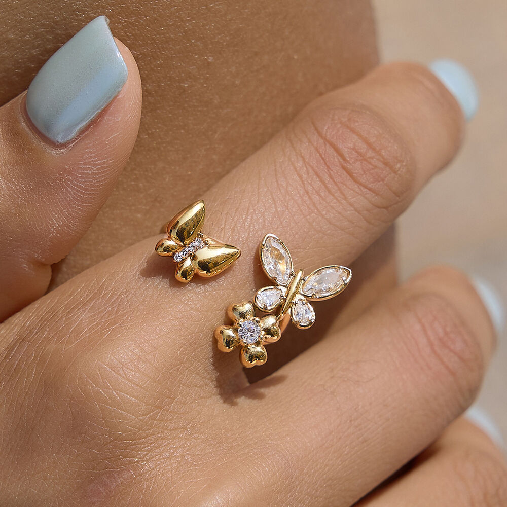 Romantic Series Sweet Butterfly Stainless Steel Waterproof Gold Color Zircon Statement Rings h5Picture2