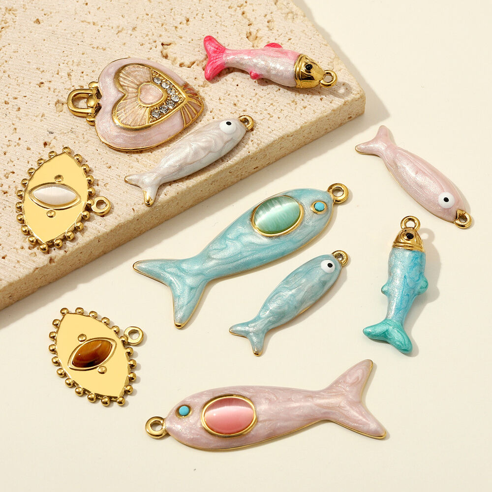 Vacation Enamel Fish Stainless Steel Waterproof Gold Color Artificial Gemstone Natural Stone Women's Pendants Picture3