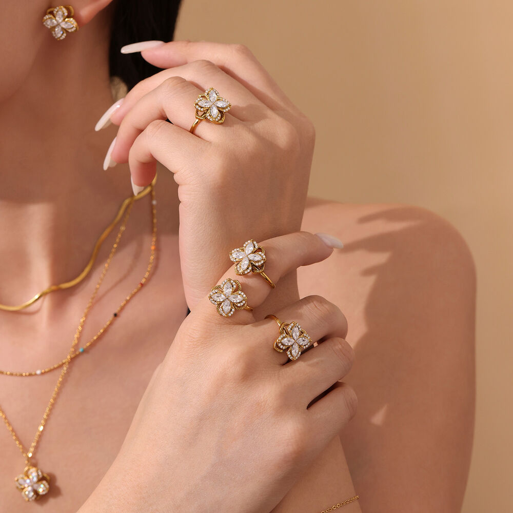 Elegant Flower Stainless Steel Waterproof Gold Color Zircon Women's Necklaces Sets h5Picture3