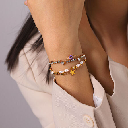 Pulseras de cadena sencillas para mujer, de acero inoxidable, color dorado, impermeables, con diseño de estrella floral y circonitas.