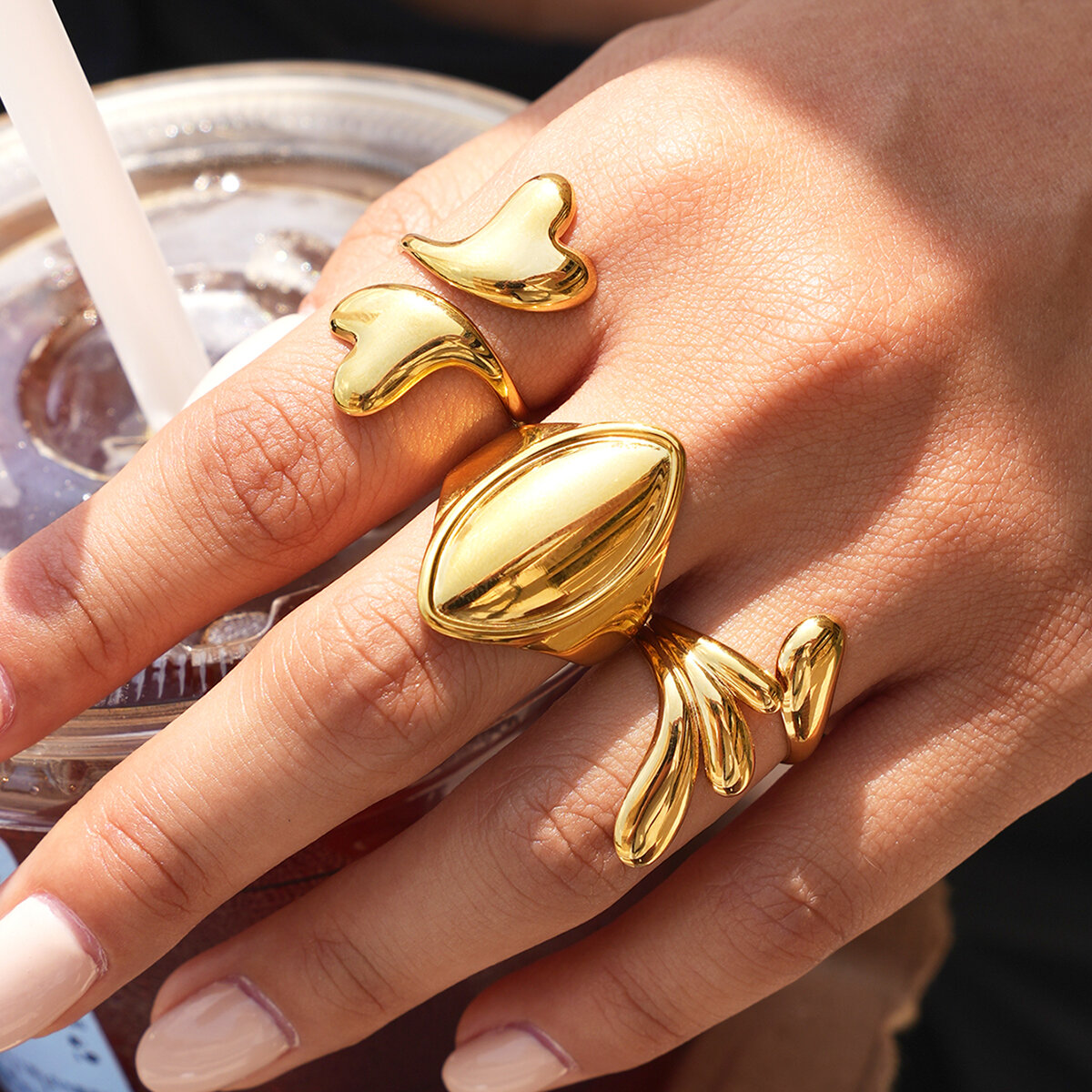 Simple Series Daily Irregular Shape Stainless Steel Waterproof Gold Color Ring Sets Picture5