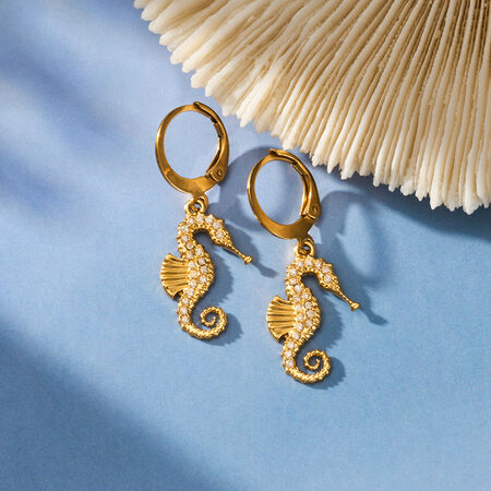 Seahorse Oceanic Style Stainless Steel Waterproof Gold Color Zircon Women's Drop Earrings 2