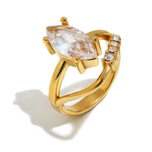 Lussuosi anelli da donna in acciaio inossidabile color oro con zirconi, forma irregolare a goccia, impermeabili. h5