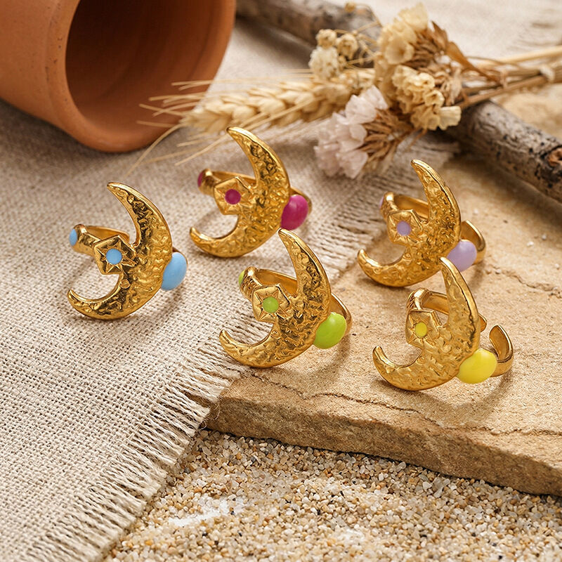 Retro Moon Stainless Steel Waterproof Gold Color Statement Rings h5 Picture2