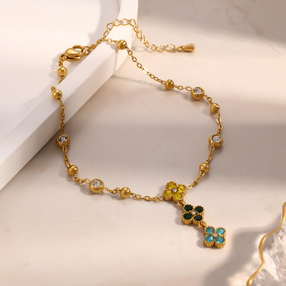 Elegant Flower Stainless Steel Waterproof Gold Color Zircon Anklets h5 Picture2