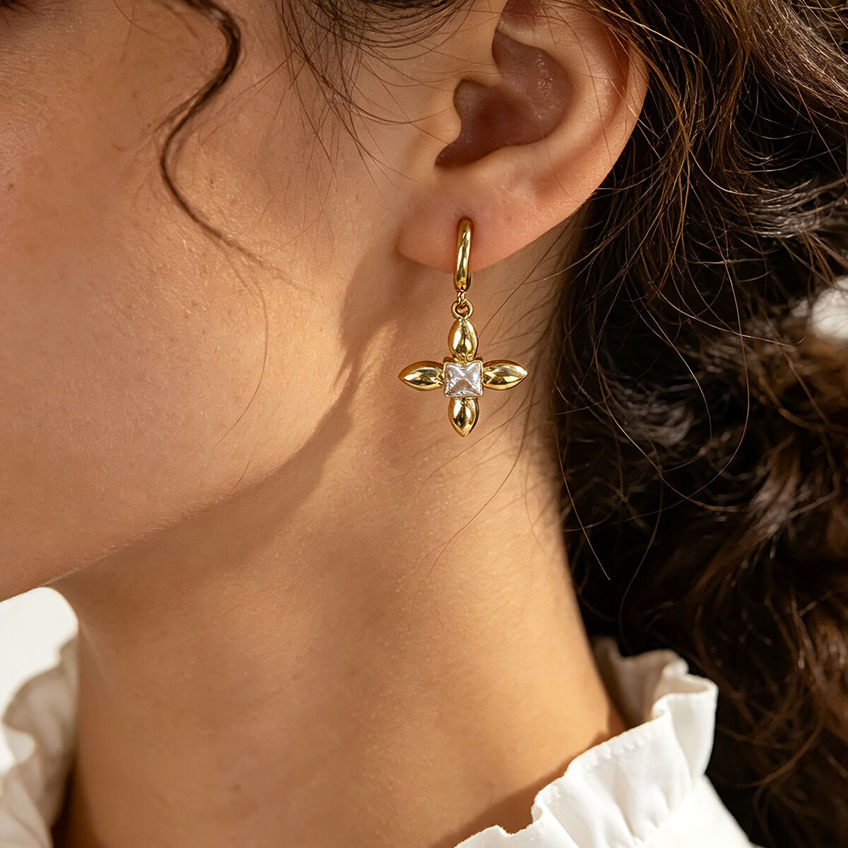 Flower Heart Stainless Steel Waterproof Gold Color Zircon Women's Drop Earrings 2