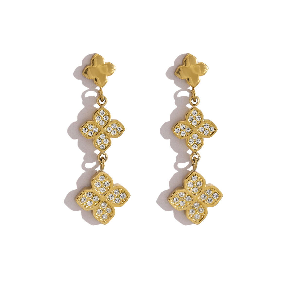Simple Series Elegant Flower Stainless Steel Waterproof Gold Color Rhinestone Women's Drop Earrings Picture5