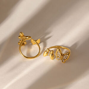 Romantic Series Sweet Butterfly Stainless Steel Waterproof Gold Color Zircon Statement Rings h5 Picture5