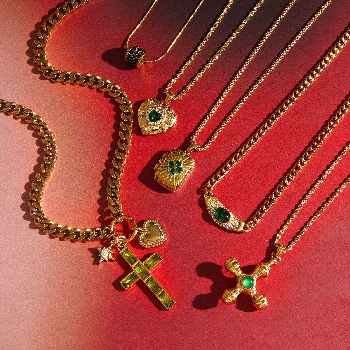 Retro Heart Cross Clover Stainless Steel Waterproof Gold Color Zircon Women's Pendant Necklaces 2