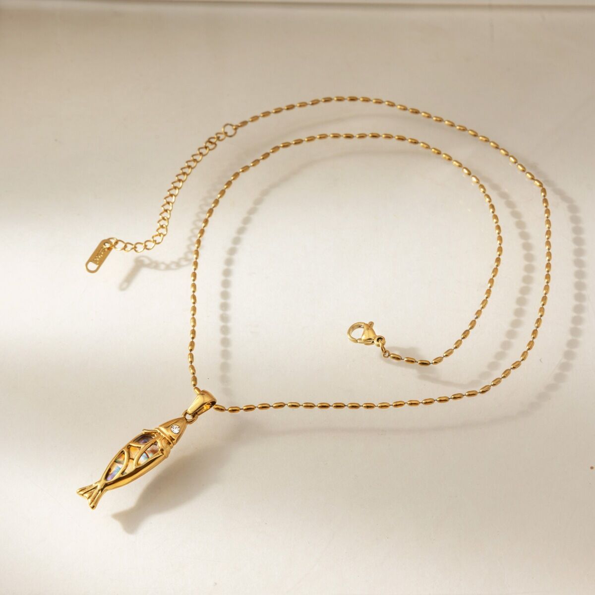 Oceanic Style Fish Shape Stainless Steel Waterproof Gold Color Rhinestone Shell Women's Necklaces Sets Picture4