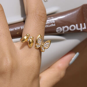 Romantic Series Sweet Butterfly Stainless Steel Waterproof Gold Color Zircon Statement Rings h5 Picture3