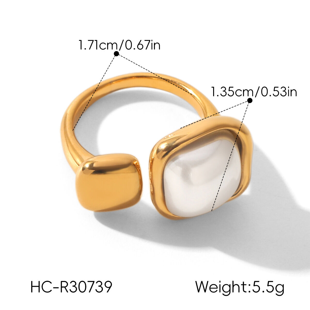 Simple Elegant Irregular Shape Stainless Steel Waterproof Gold Color Pearl Women's Gemstone Rings h5 Picture2
