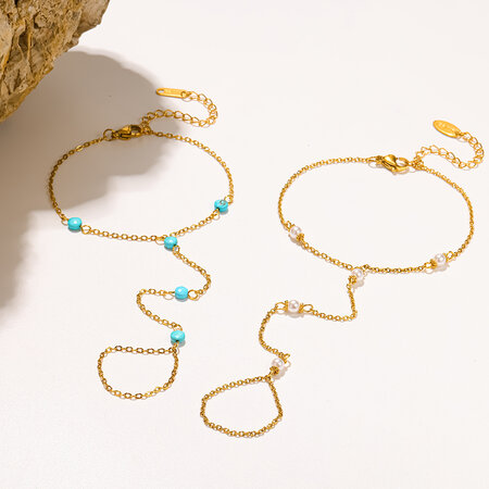 Bohemian Chain Circle Stainless Steel Waterproof Gold Color Natural Stone Artificial Pearl Women's Hand Chain