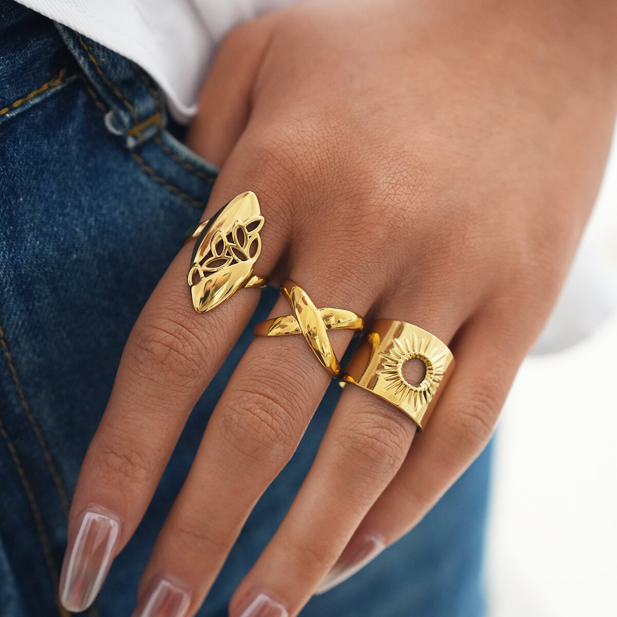 Retro Daily Leaf Circle Lines roestvrijstalen waterdichte statement ringen in goudkleur Afbeelding6