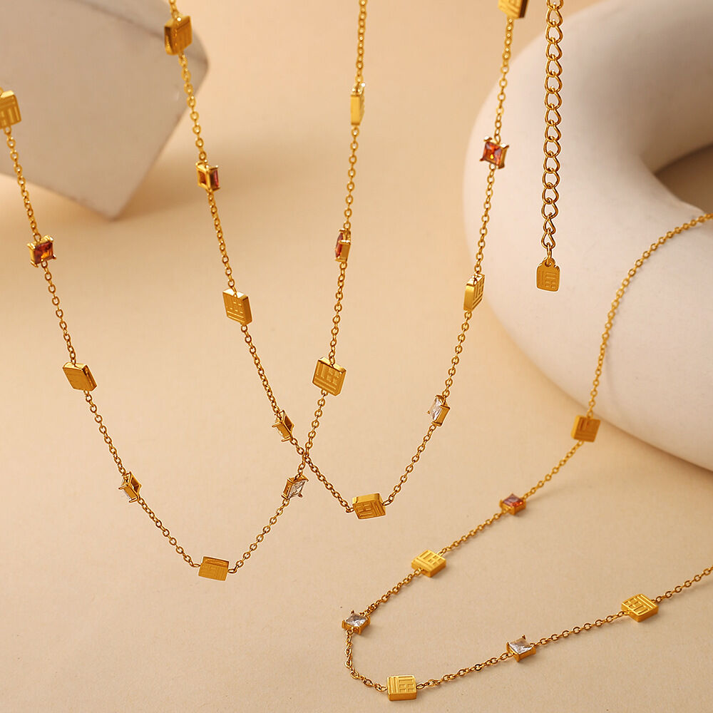 Luxury Daily Chain Rectangle Stainless Steel Waterproof Gold Color Zircon Women's Pendant Necklaces h5Picture3