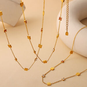 Luxury Daily Chain Rectangle Stainless Steel Waterproof Gold Color Zircon Women's Pendant Necklaces h5 Picture3