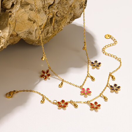 Set di gioielli da donna della serie Romantica con eleganti fiori, in acciaio inossidabile, impermeabile, color oro e zirconi.