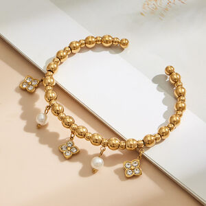 Elegant Flower Stainless Steel Waterproof Gold Color Zircon Women's Cuff Bracelets h5 Picture4