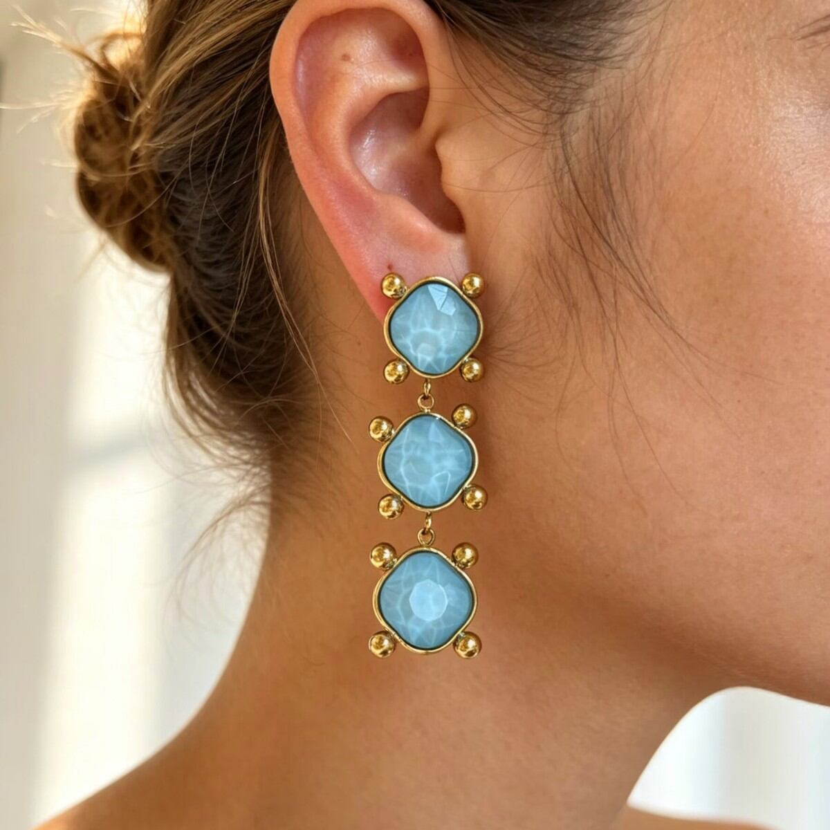 Orecchini pendenti da donna rettangolari retrò in acciaio inossidabile, impermeabili, color oro, con cristalli.