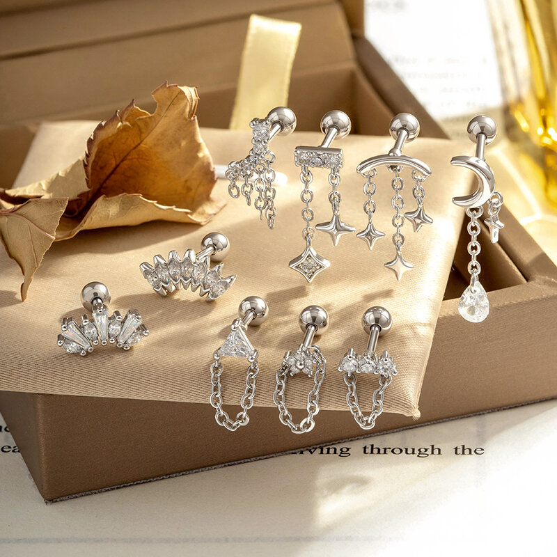 Simple Flower Triangle Moon Copper  Gold Color  Zircon Women's Piercing Earrings Picture5