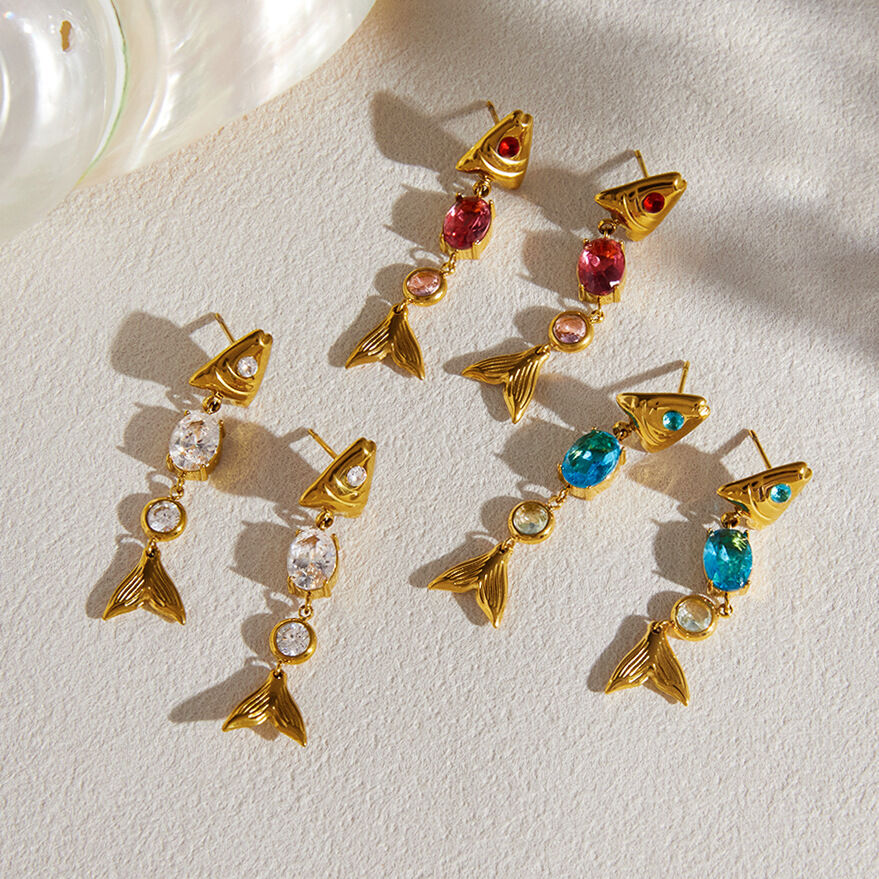 Luxurious Series Retro Fish Stainless Steel Waterproof   Gold Color  Zircon Women's Dangle Earrings