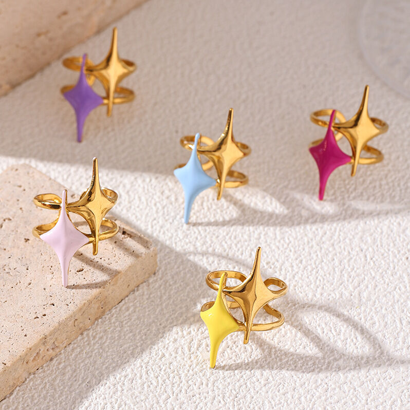 Enamel Star Stainless Steel Waterproof Gold Color Statement Rings h5 Picture4