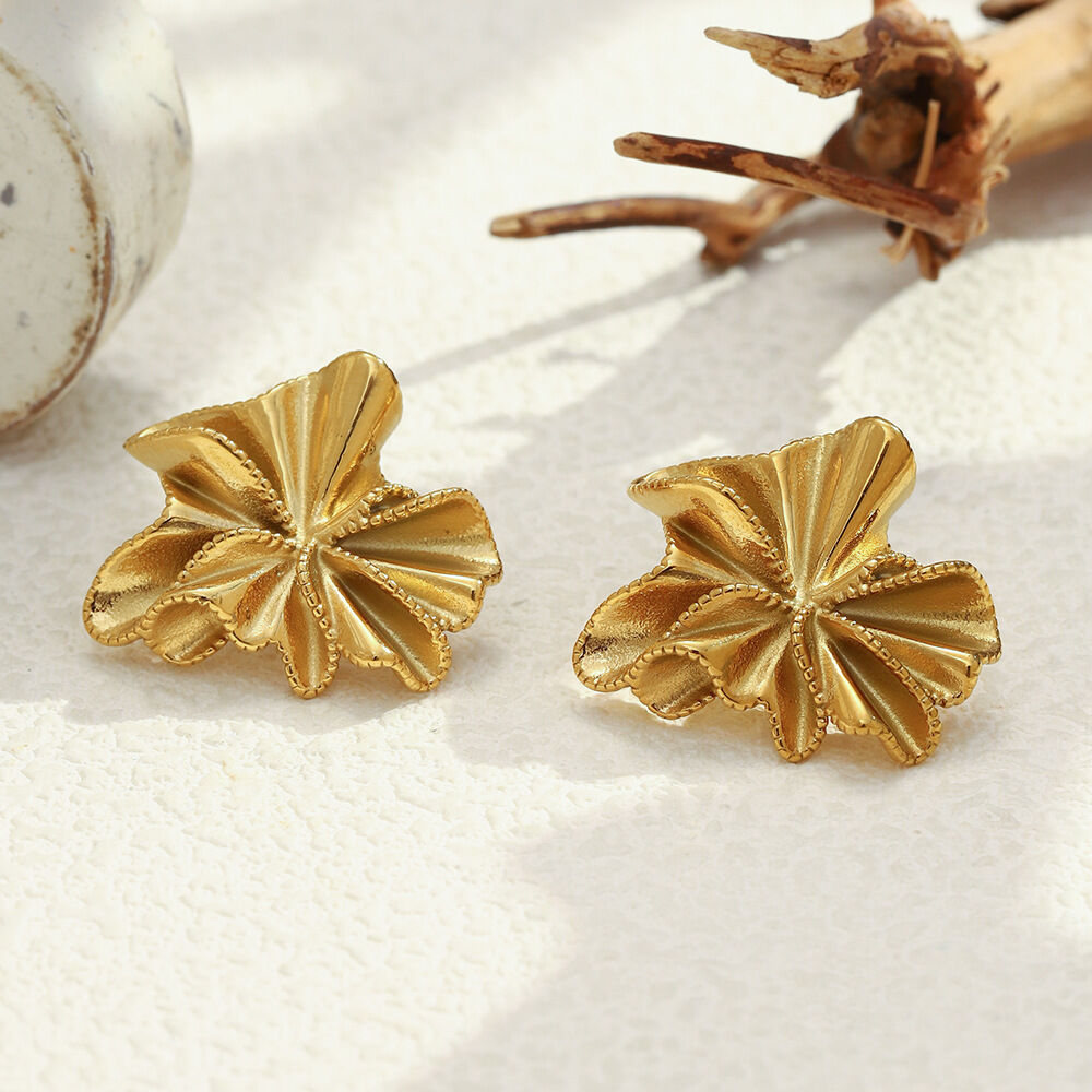 Retro Flower Stainless Steel Waterproof Gold Color Women's Stud Earrings