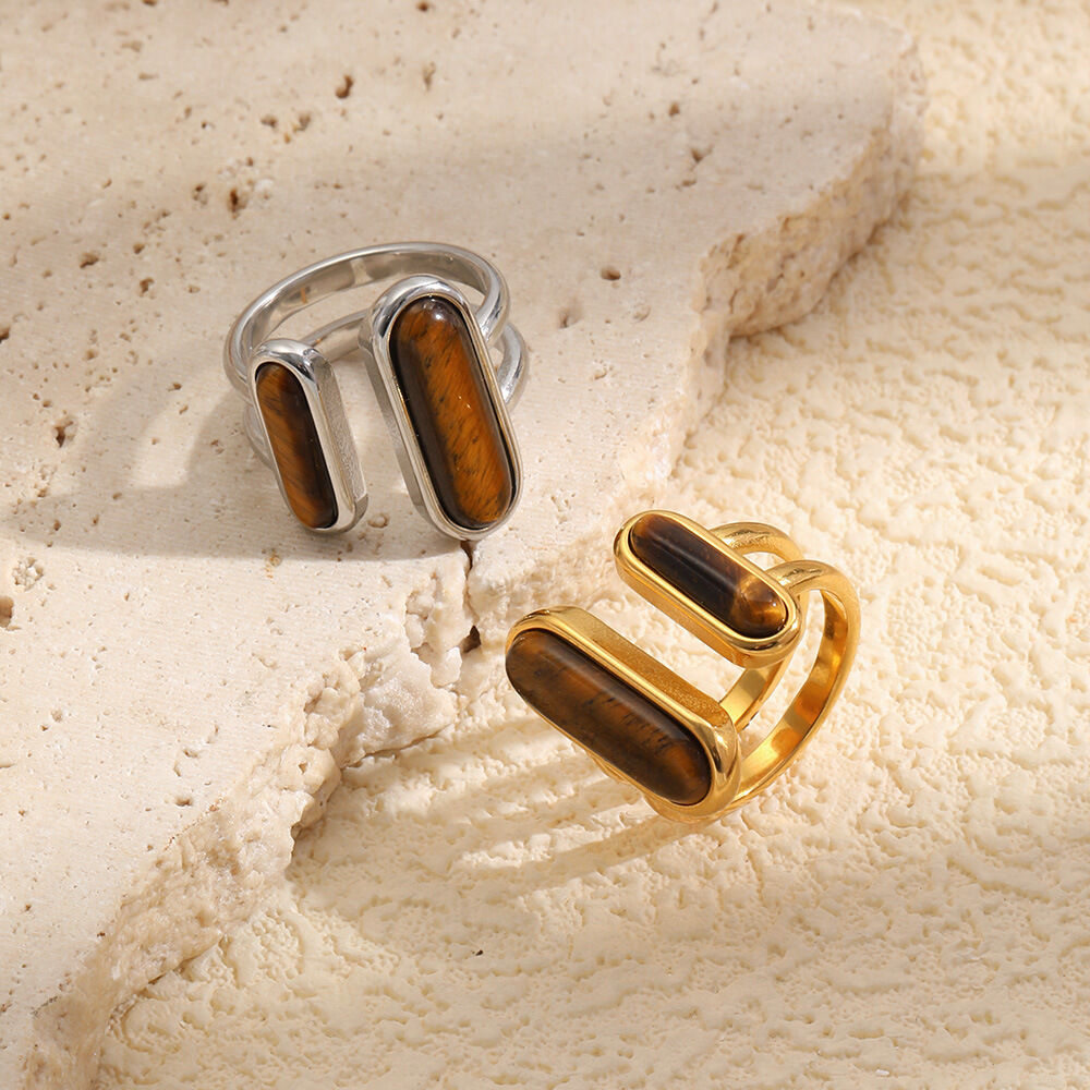 Simple Retro Rectangle Stainless Steel Waterproof   Gold Color  Natural Stone Women's Gemstone Rings Picture3
