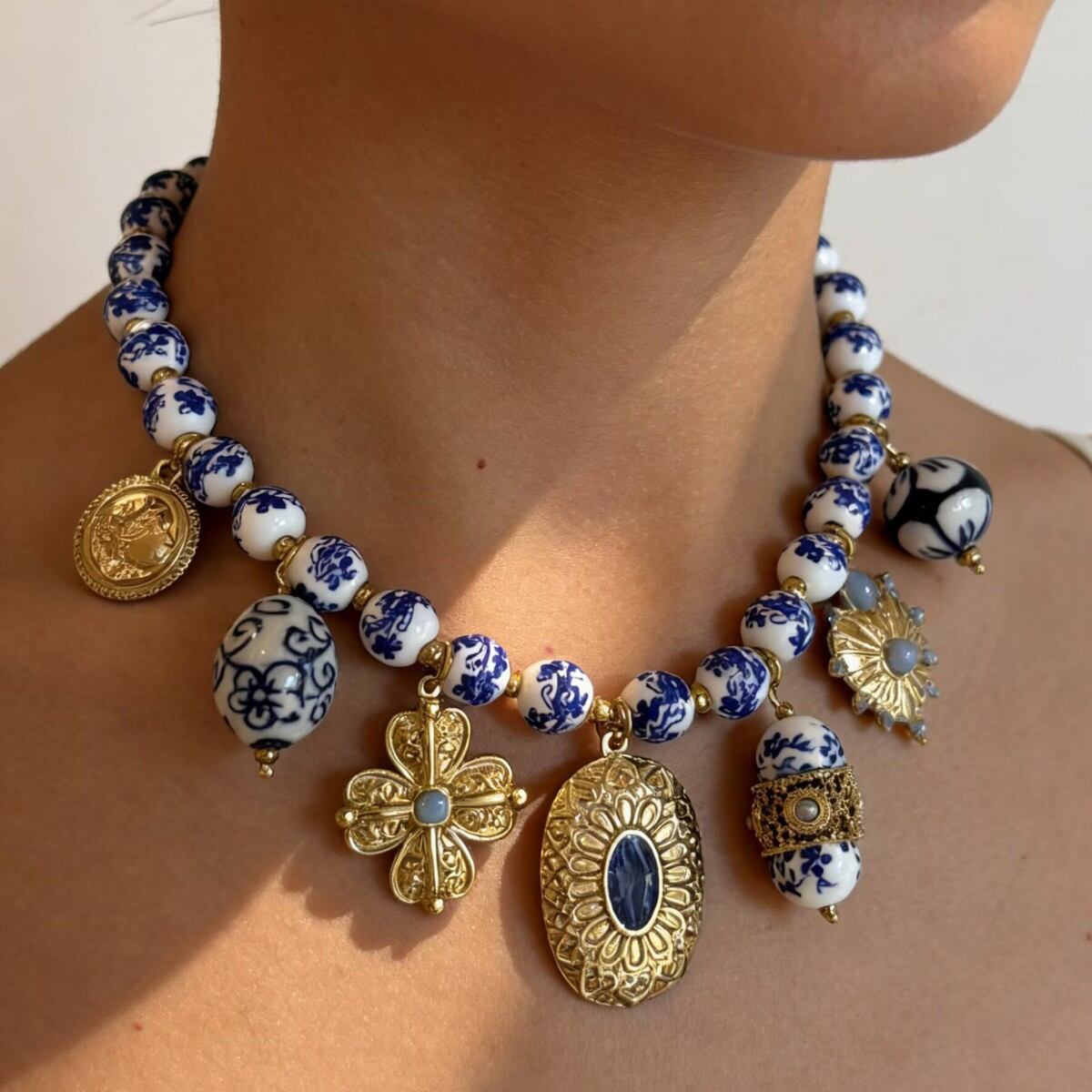 Retro Qinghua Porcelain Beads Stainless Steel Waterproof Gold Color Women's Beaded Necklaces 2