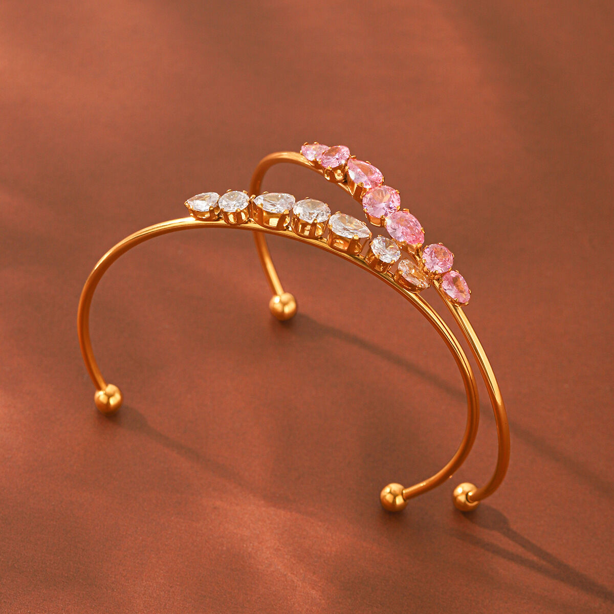 Simple  Circle Ellipse Shape Stainless Steel Waterproof   Gold Color  Zircon Women's Bangles h5 Picture4