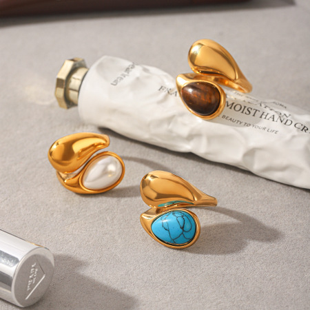 Ellipse Shape Stainless Steel Gold Color Natural Stone Pearl Women's Gemstone Rings 2