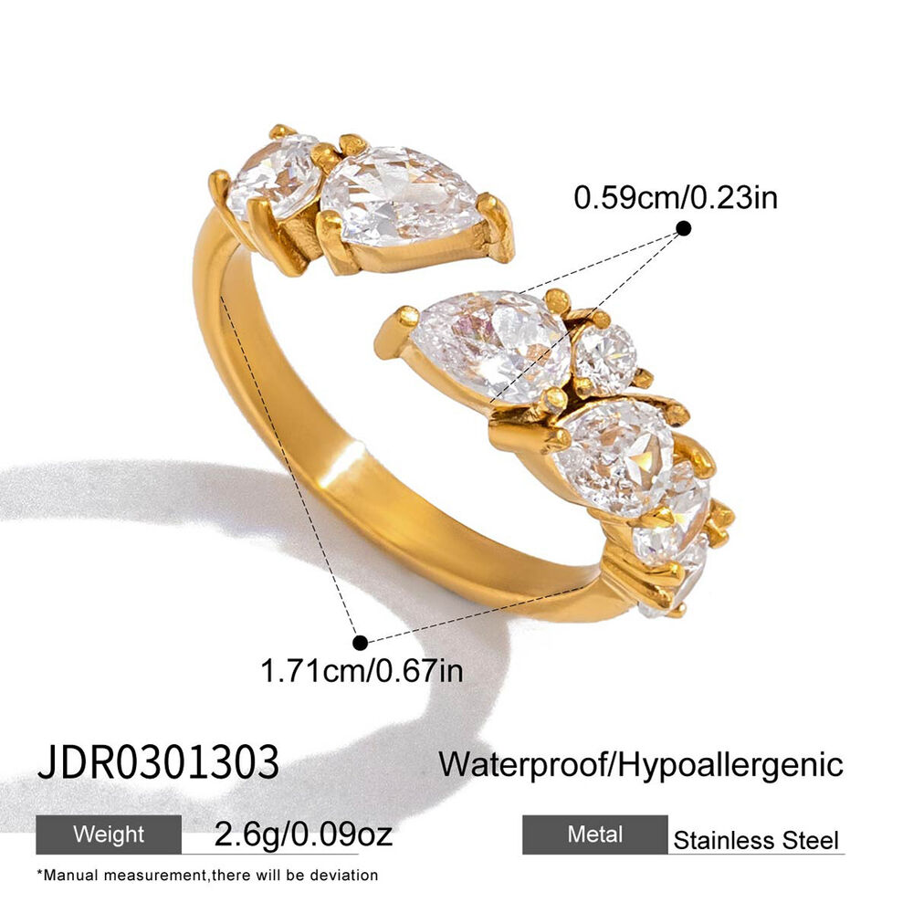 Elegant Droplet Stainless Steel Waterproof Gold Color Zircon Women's Gemstone Rings