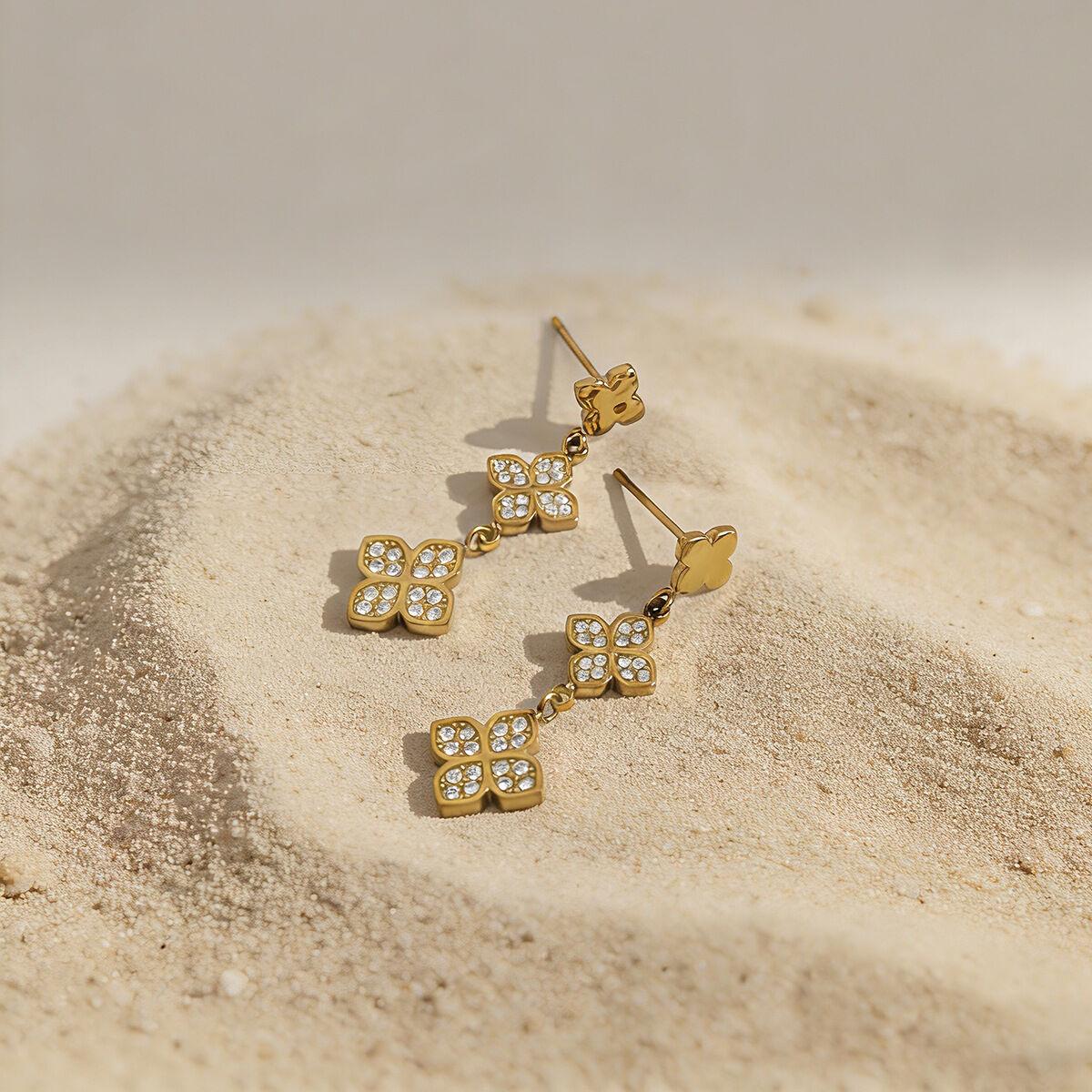 Simple Series Elegant Flower Stainless Steel Waterproof Gold Color Rhinestone Women's Drop Earrings Picture3