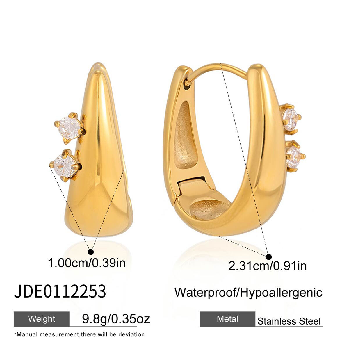 Schlichte, ellipsenförmige, wasserdichte Damen-Creolen aus Edelstahl in Goldfarbe mit Zirkonia h5 