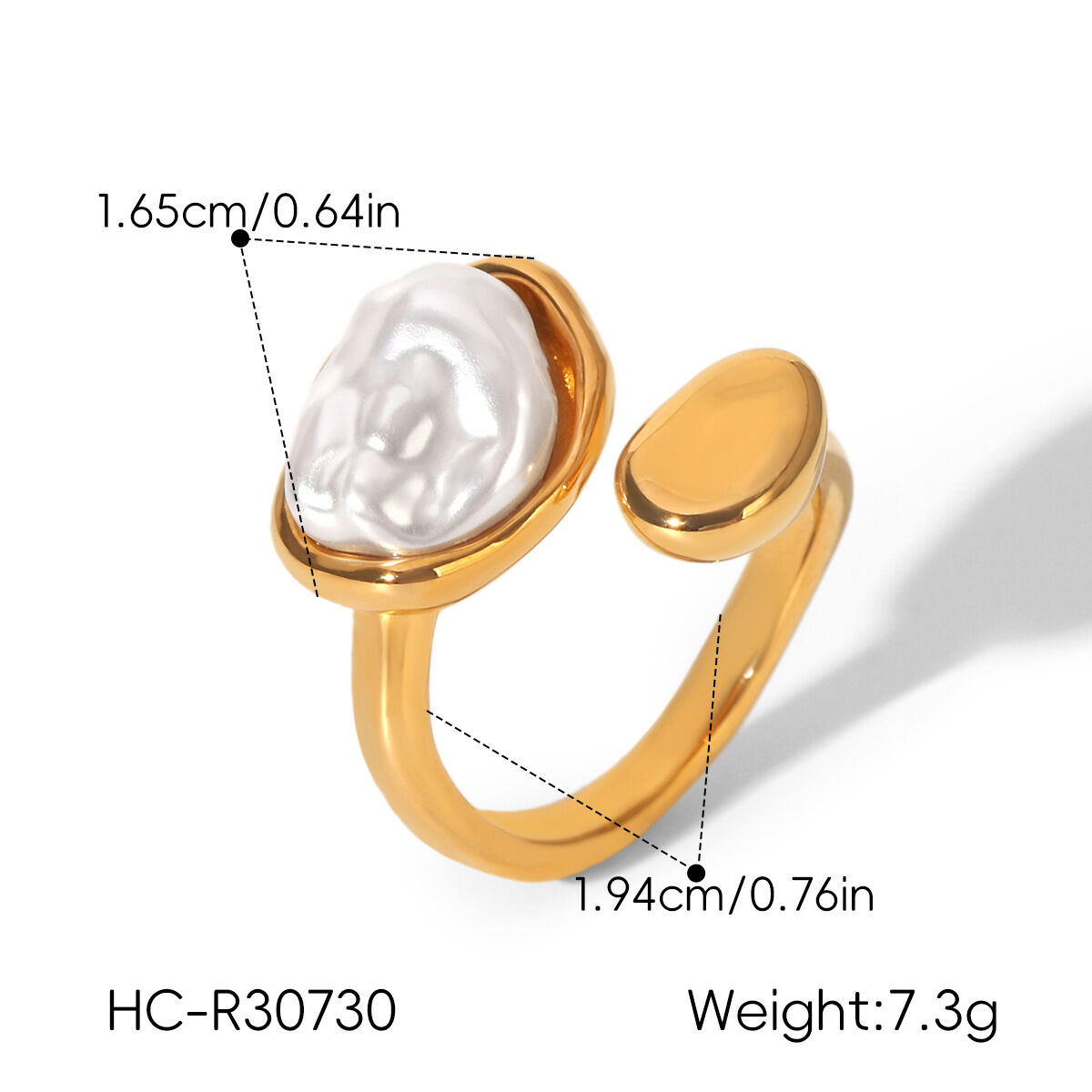 Luxuriöser, unregelmäßig geformter, wasserdichter Damenring aus Edelstahl in Goldfarbe mit Zirkonia und Perle h5 Bild2