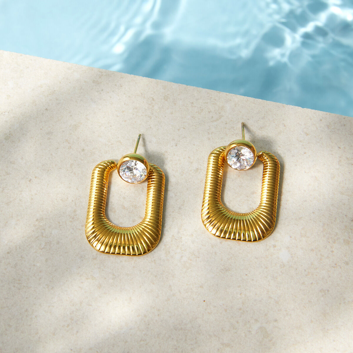 Simple Rectangle Stainless Steel Waterproof Gold Color Zircon Women's Drop Earrings h5 Picture2