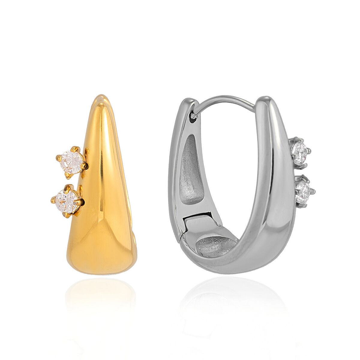 Schlichte, ellipsenförmige, wasserdichte Damen-Creolen aus Edelstahl in Goldfarbe mit Zirkonia Bild6