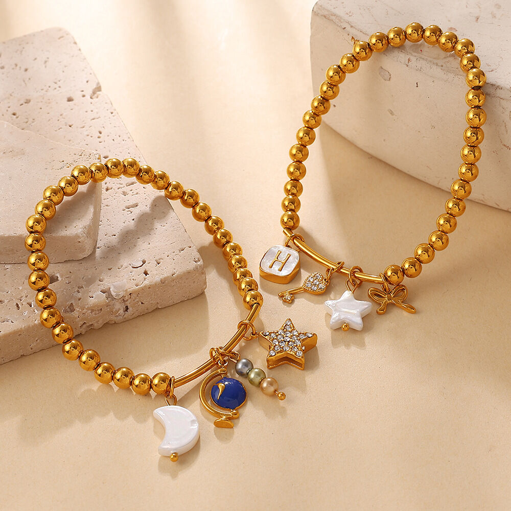 Simple Heart Star Moon Stainless Steel Waterproof Gold Color Zircon Women's Beaded Bracelets h5 Picture4