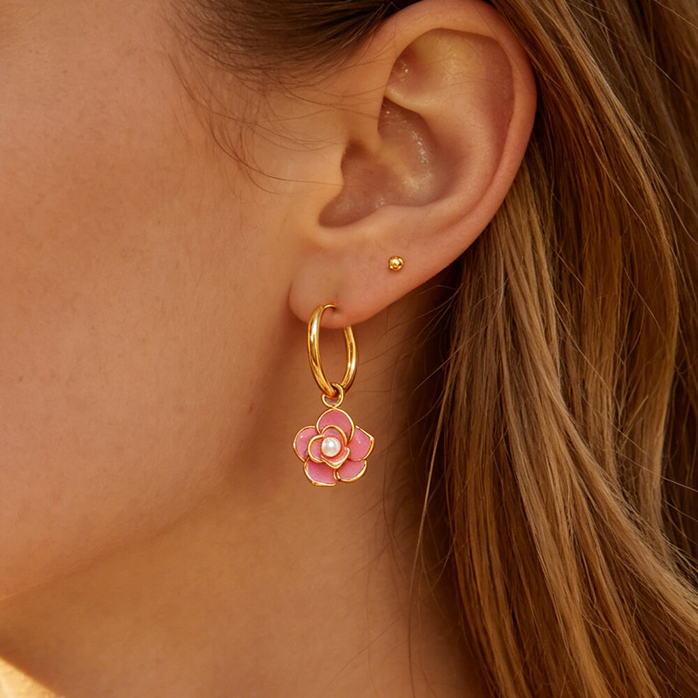 Simple Series Daily Flower Stainless Steel Waterproof Gold Color Women's Hoop Earrings h5Picture3