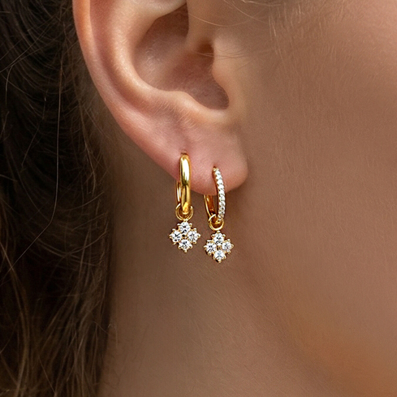 Simple Flower Stainless Steel Waterproof Gold Color Zircon Women's Hoop Earrings h5 Picture2