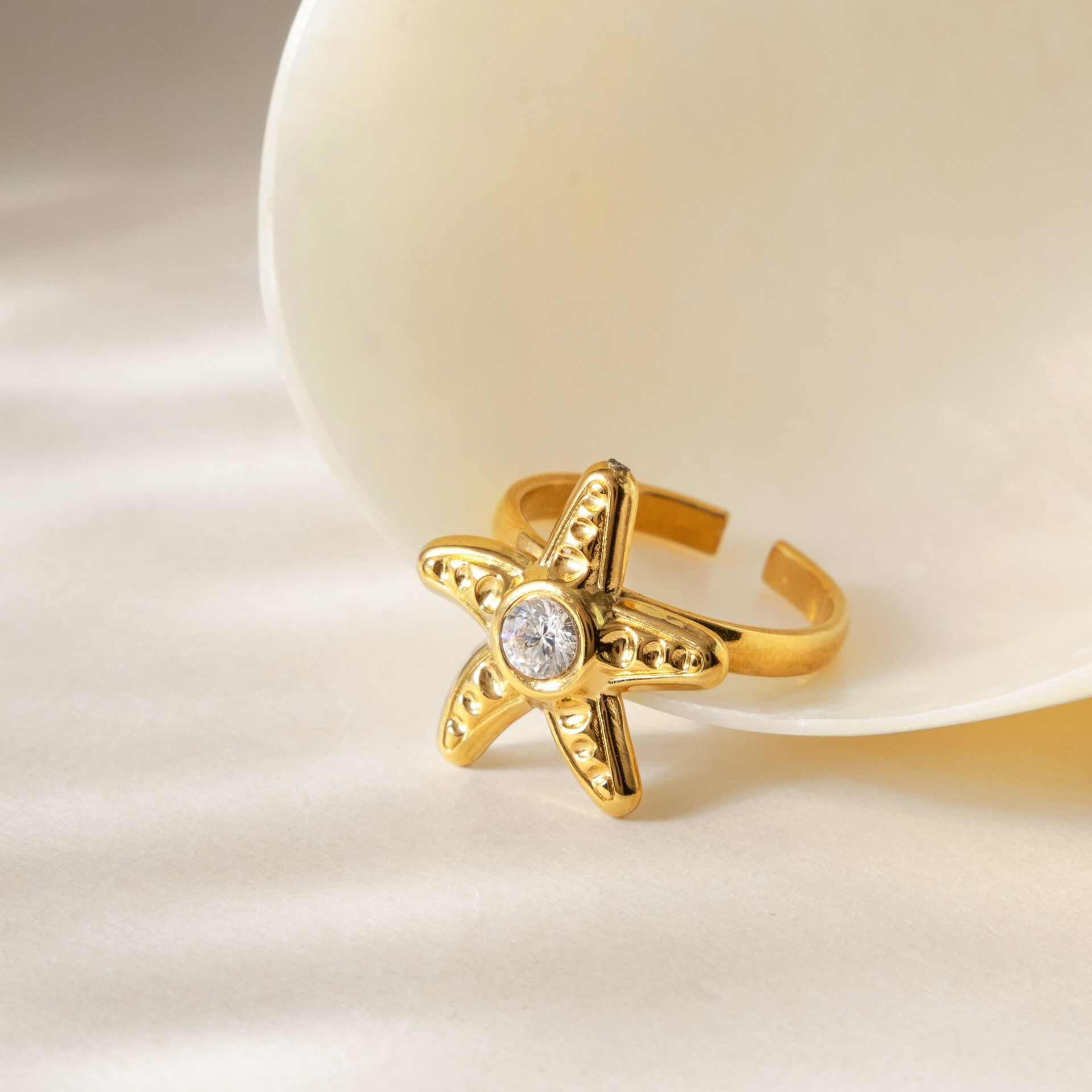 Vacation Oceanic Style Starfish Stainless Steel Waterproof Gold Color Zircon Statement Rings Picture4