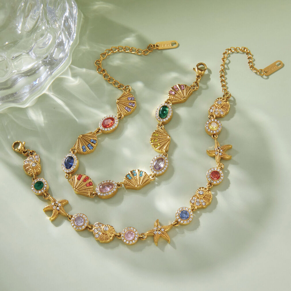 Luxurious Sweet Chain Shell Starfish Stainless Steel Waterproof   Gold Color  Zircon Women's Chain Bracelets Picture2