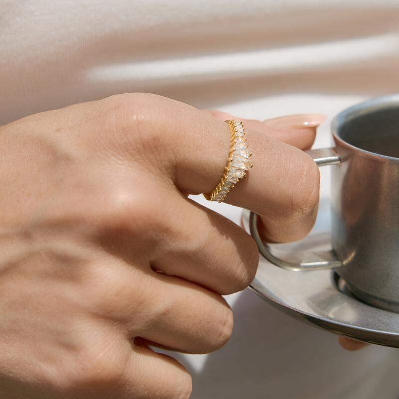 Simple Rectangle Stainless Steel Waterproof Gold Color Zircon Women's Gemstone Rings