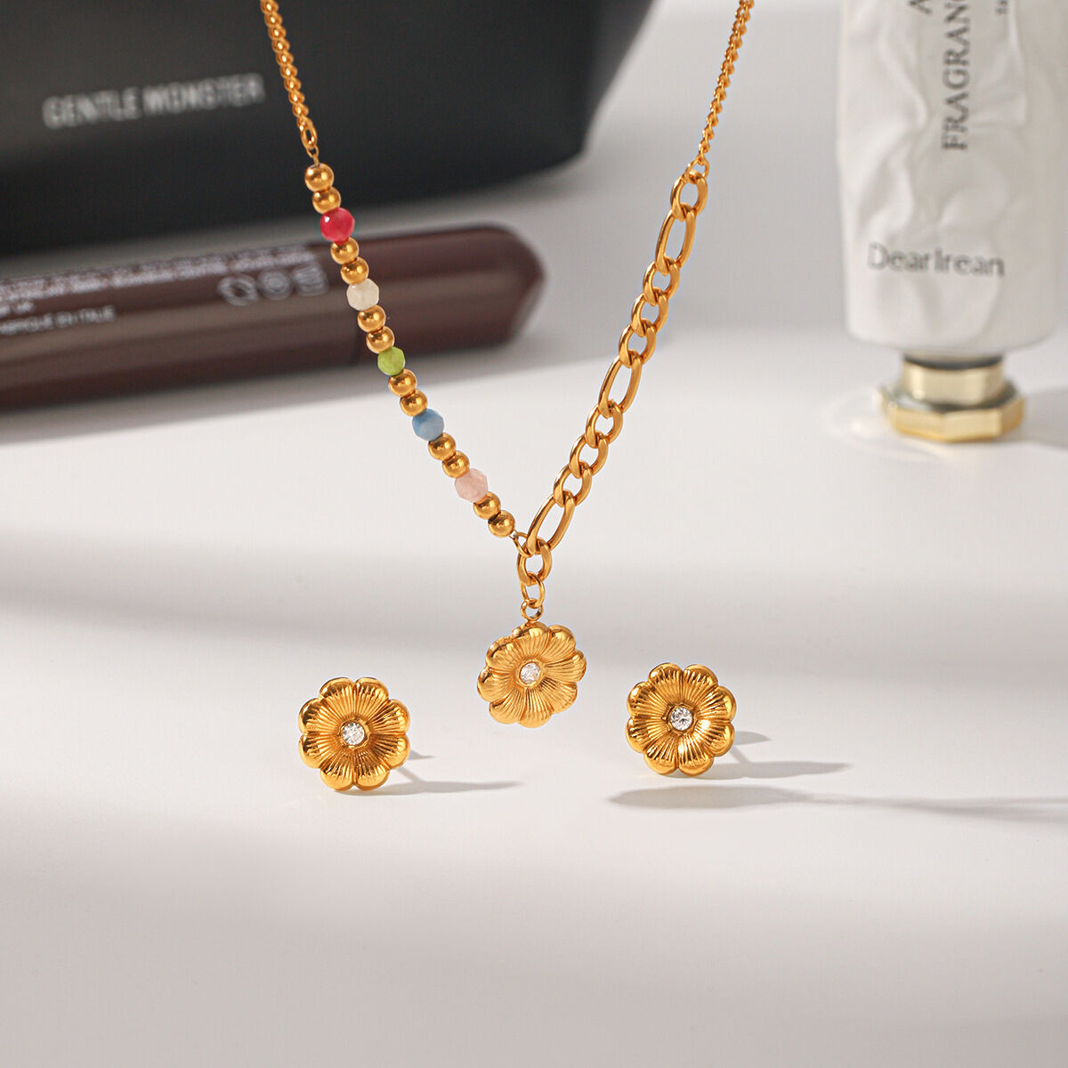 Simple Series Daily Flower Stainless Steel Waterproof   Gold Color  Zircon Women's Pendant Necklaces 2